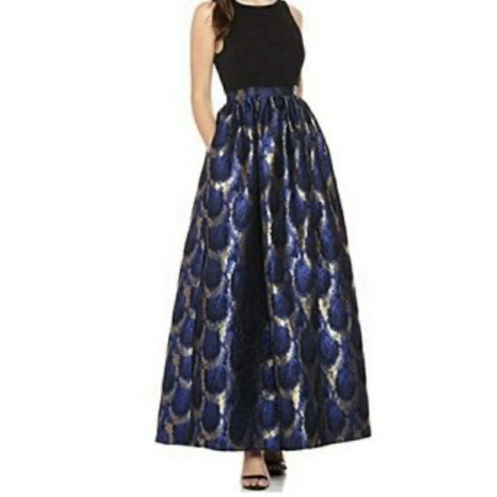 Nicole Miller Women's Black Gold Blue Gown Full Skirt Lined Pockets Size 4 $228